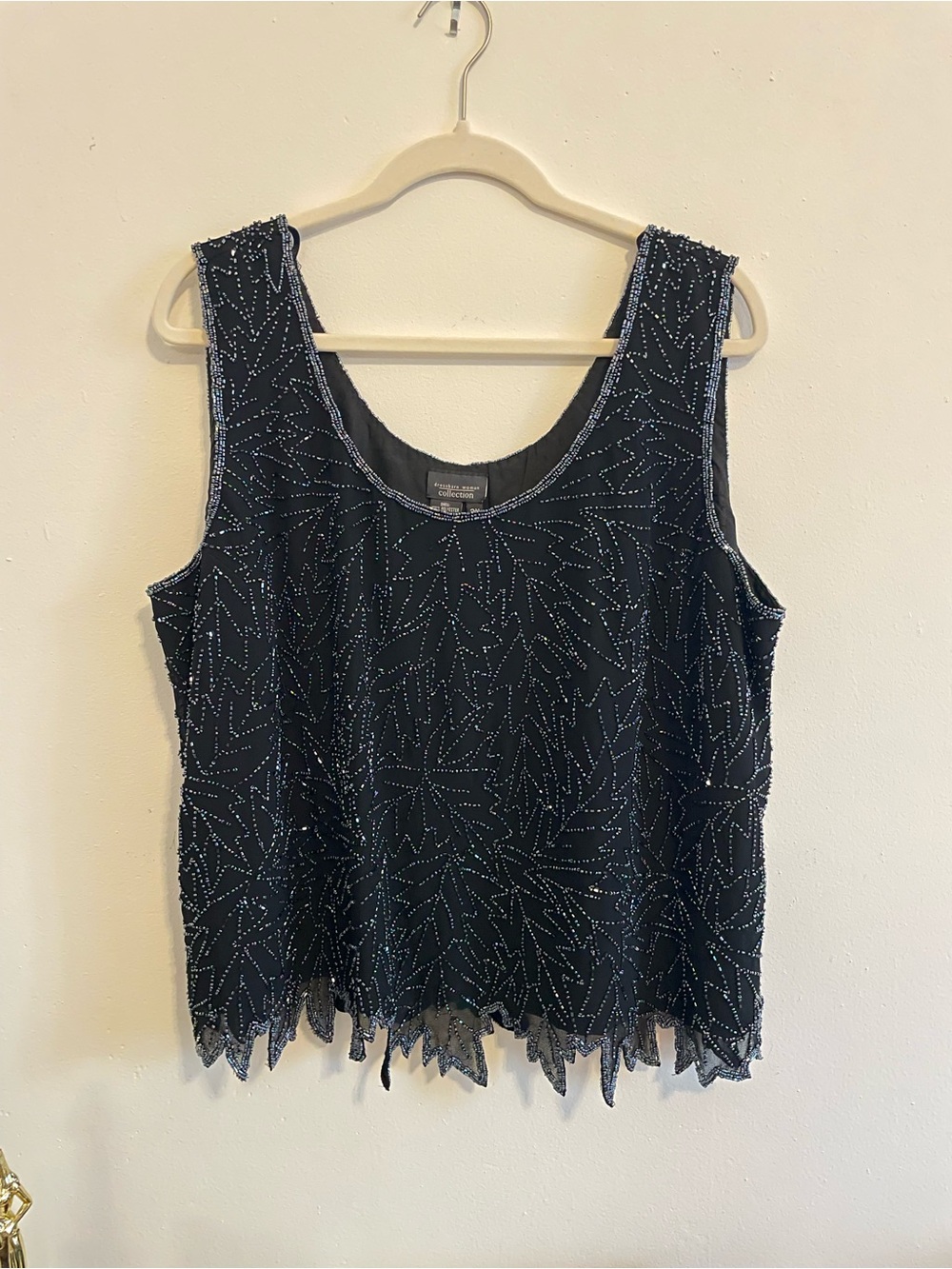 dressbarn Black Beaded Sleeveless Camisole with Scalloped Hem